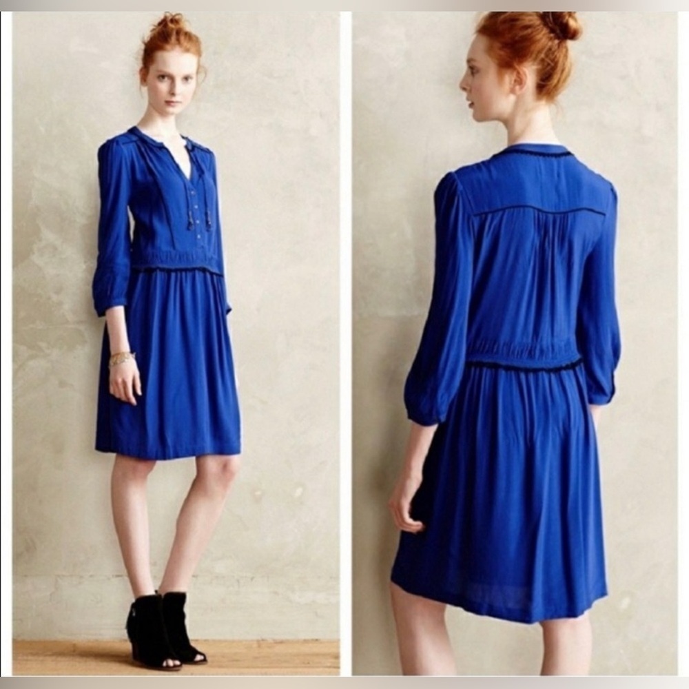 Anthropologie Maeve Blue Galan Tassel Tie Shirt Dress With Pockets, Size Small